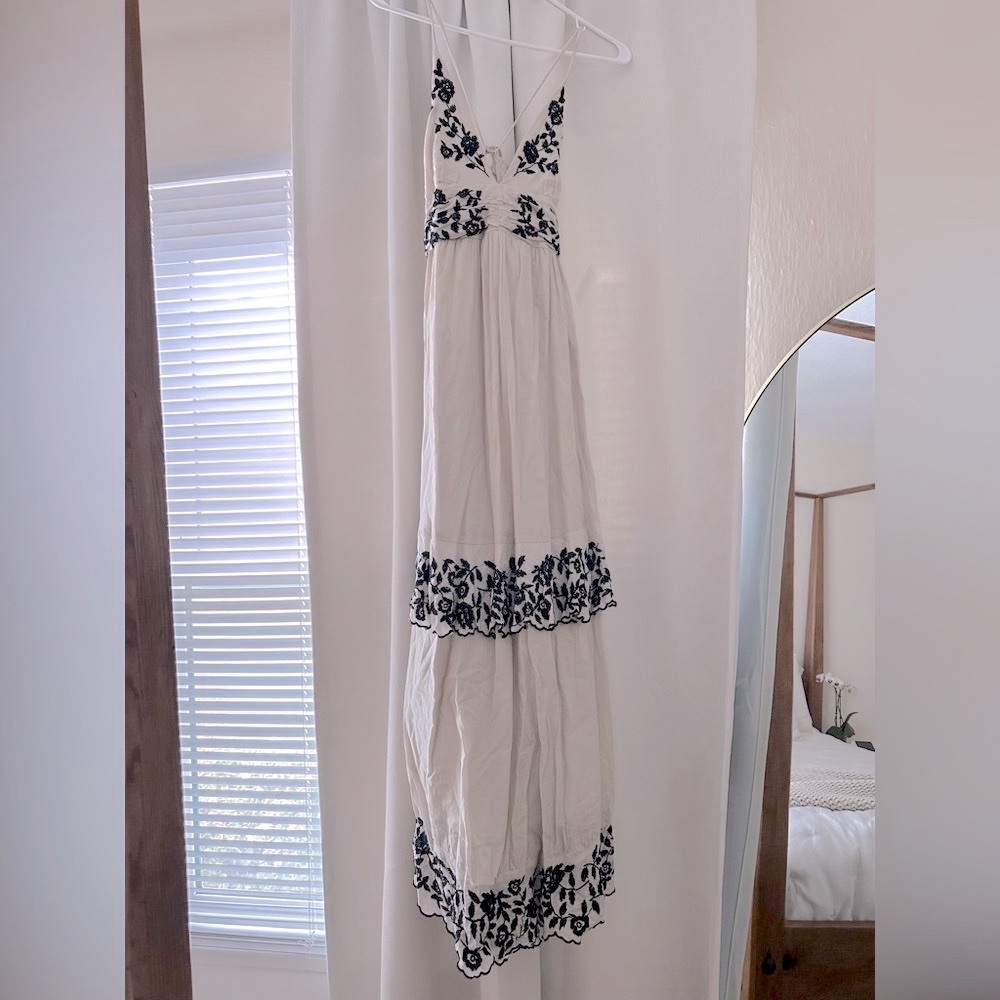 Embroidered Cream and Black Floral Maxi Dress